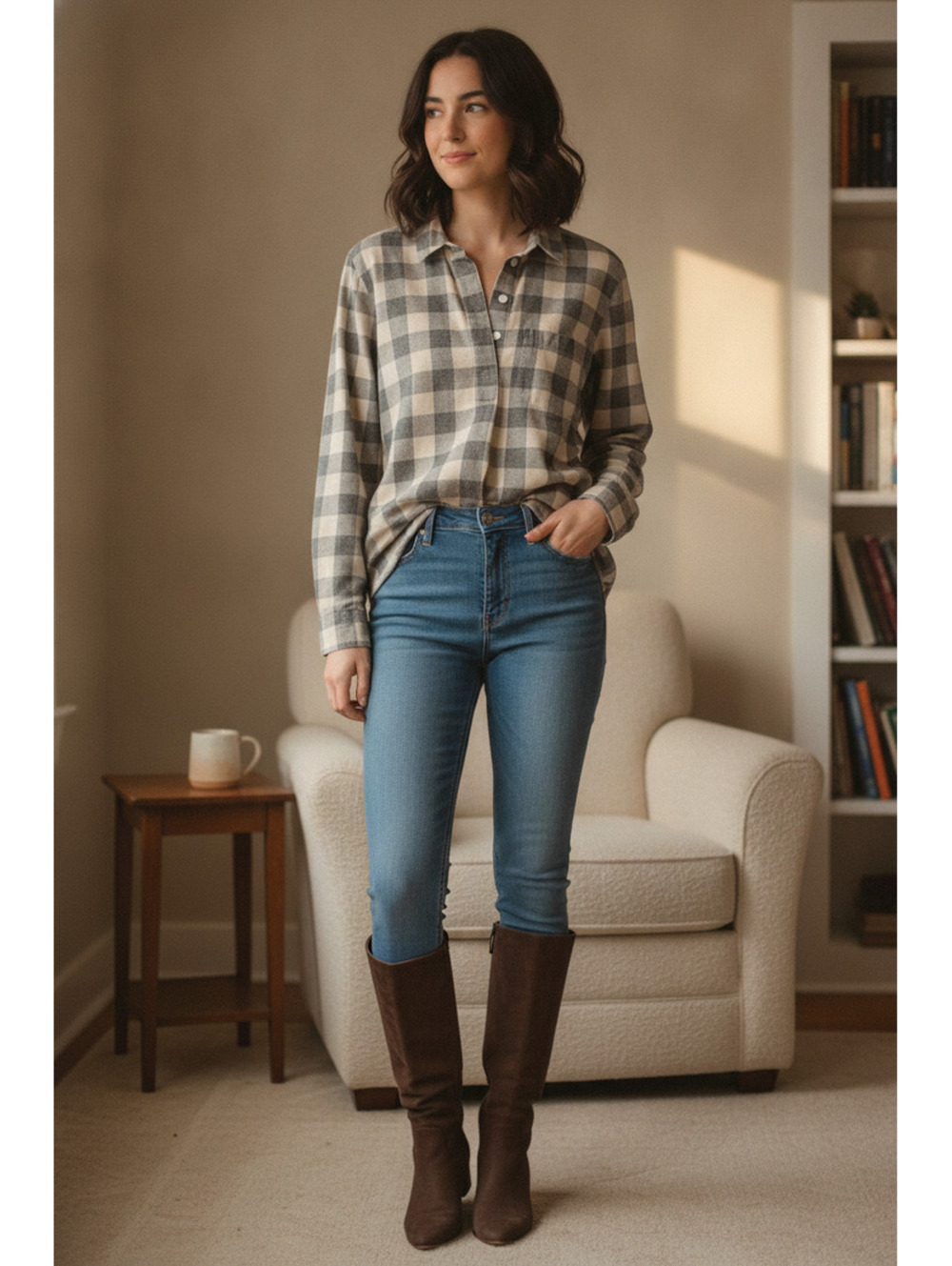 Madewell Women's Gray and Cream Buffalo Plaid Button-Up Shirt Size S
